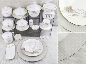 Service de table de luxe en porcelaine fine 45% High Bone China, motif Grand Paysage, avec bordure dorée à la main, pour hôtels, mariages, traiteurs et restaurants - Product Image 2