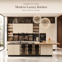 Ensemble de meubles de cuisine modernes et écologiques avec îlot, comptoir de petit-déjeuner, vitrine en verre, éclairage LED, robinet inclus, dessin de conception gratuit et livraison rapide