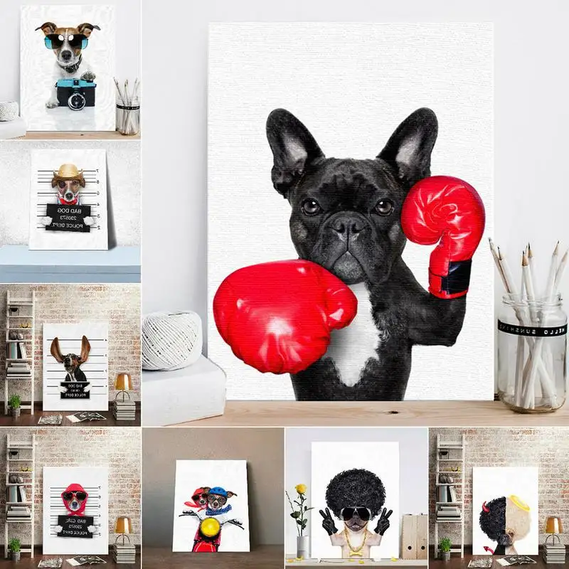 Gaya Nordic Anjing Tinju Kanvas Tanpa Bingkai Seni Cetak Lukisan Poster Lucu Kartun Hewan Gambar Dinding untuk Dekorasi Kamar Anak-anak