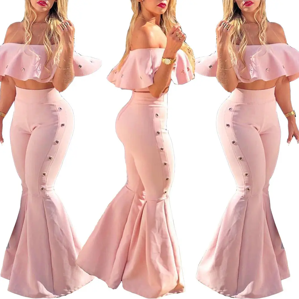 pink strapless crop top and flared pant 2 piece women set