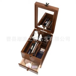 Cross-border wooden cosmetic storage box with drawers, <b>foldable</b> <b>mirror</b>, and dustproof dividers. - Product Image 2