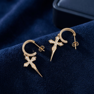 14k Gold Plated 925 Sterling <b>Silver</b> Cross <b>Hoop</b> Dangle <b>Earrings</b> Zircon Inlay Halo Drop <b>Earrings</b> <b>for</b> <b>Women</b> - Product Image 4