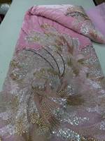 Tissu en maille de dentelle à sequins et perles rouges, tricoté chaîne, brodé floral, écologique, pour sacs et chaussures de mariage nigériens pour femmes