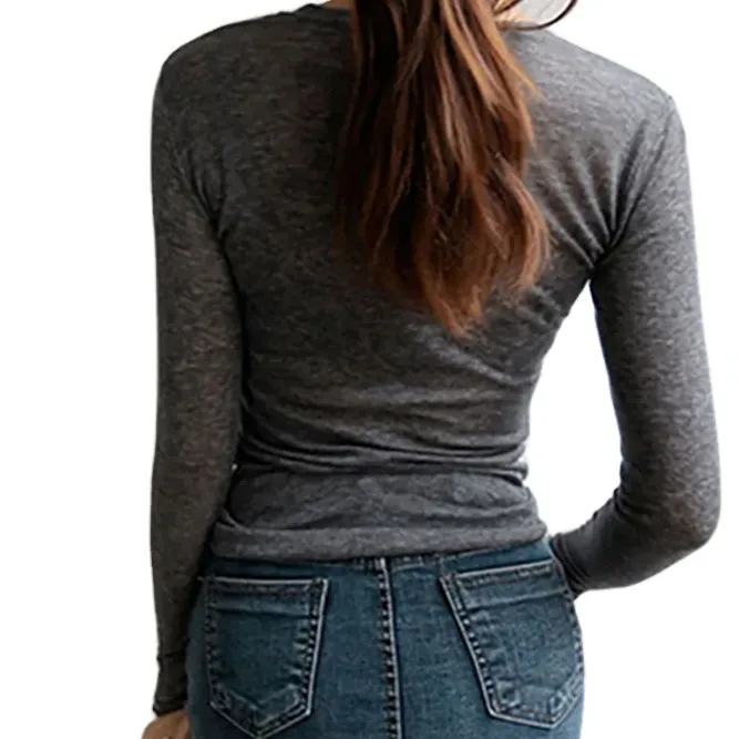 Mince haute qualité t-shirt femmes coton élastique basique femme décontracté hauts à manches longues Sexy mince voir à travers plaine T-shirts en vrac