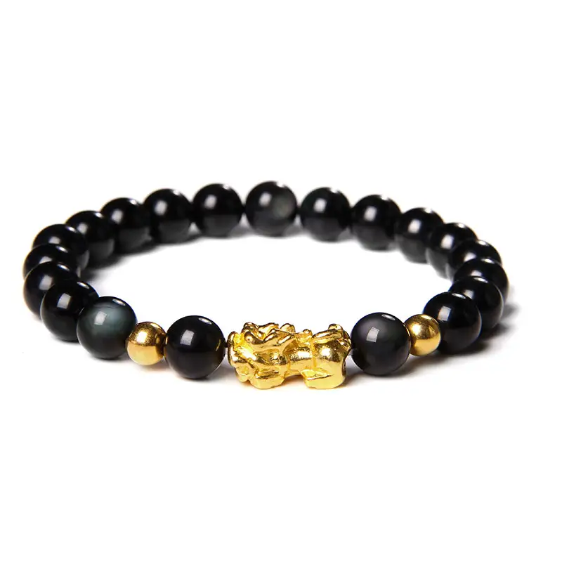 Gelang Feng Shui, Gelang Keberuntungan Kekayaan Buddha Hitam Batu Obsidian Manik-manik Gelang Emas Pesona Pixiu Perhiasan Pria Wanita