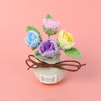 Dekorasi Rumah Bunga Mawar Buatan Pot Bunga Rajutan Tangan Crochet Bubble Rose Pot Plant untuk Tampilan Bunga yang Indah