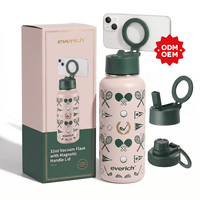Bouteille d'eau en acier inoxydable de 32 oz avec anneau magnétique fonctionnant comme support de téléphone et trépied, couvercle à paille anti-fuite