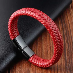 Pulseira de couro legítima trançada vermelha sorte da moda popular pulseira de couro com fecho magnético de aço inoxidável preto para homens