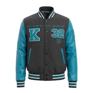 Veste varsity noire et turquoise pour homme, manches en cuir, logo brodé sur le devant, coupe classique, style décontracté d'automne - Product Image 1