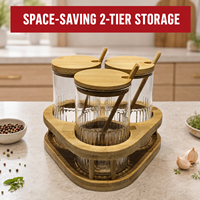 Ensemble de pots à épices en bambou avec 3 pots en verre, couvercles et cuillères en bois, support de rangement triangulaire à 2 niveaux pour comptoir de cuisine