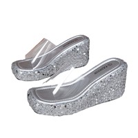 Chaussons compensés transparents à talon épais et bout carré pour femmes, avec semelle à sequins, grande taille