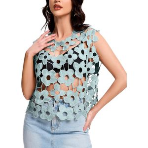 FOXA Hollow Out Floral Lace Crop Top Women Sleeveless Breathable Knit Vest Coverup Y2K Style Short Length - Product Image 3