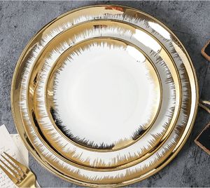 Artículo Popular al por Mayor Platos Elegantes de Cerámica Blancos con Borde Dorado para Cena, Ensalada y Postre, Vajilla de Porcelana para Uso Doméstico - Product Image 1