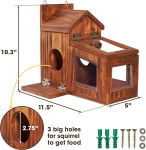 Mangeoire pour écureuils en bois Mangeoires pour écureuils à l'extérieur de l'hiver Mangeoire en bois pour le maïs avec panneau supérieur amovible - Product Image 6
