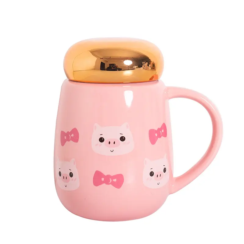 Uso diário Seaygift drinkware personalizado impresso animal bonito dos desenhos animados porco cor de rosa marca mik tampa espelho copos de cerâmica caneca de chá de café canecas