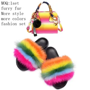 MOQ 1 Shoes Furry Slides And Purse Real Fox Fur Rainbow Sandals With Matching Purses Fluffy Slippers Woman Bag