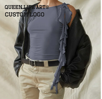 Trajets verdoyants. T-shirt en coton et élasthanne pour femme, design imprimé en 3D personnalisé, haut court en denim avec trou et bandage pour l'été