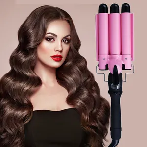 Plancha de pelo con prensa LCD profesional Triple barril rizador de cerámica del pelo Waver gran ondeando herramientas Crimper