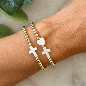 Everyday <b>Boho</b> Gold Beaded <b>Bracelet</b> White Shell Cross Handpiece Stainless Steel Heart-Shaped Folded Geometric Pattern Unisex - Product Image 6