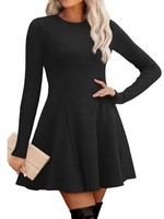 Robe Pull Femme Hiver 2025 Manches Longues Col Rond Tricot Côtelé Décontractée Respirante Tissu Peigné Longueur Genou Coupe Évasée