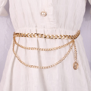 Chaîne de corps et de taille pour femme, style rétro européen-américain, avec pendentif pièce de monnaie portrait, en alliage de zinc doré, pour usage quotidien, style Hip Hop - Product Image 4