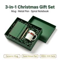 Coffret Cadeau de Noël Festif pour Entreprises : Tasse en Céramique, Carnet Spirale et Stylo Métallique (3 Pièces) pour Employés et Clients