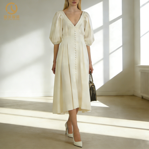 Elegante Abito Midi da Donna con Scollo a V, 100% <span class=keywords><strong>Lino</strong></span> <span class=keywords><strong>Bianco</strong></span>, Casual, Linea A, Spandex Modal Cotone, <span class=keywords><strong>Vestito</strong></span> da Spiaggia con Volant, Tinta Unita Naturale - Product Image 1