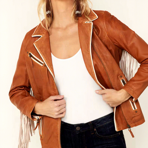 Womens Real Cognac Brown Leather <b>Jacket</b> White <b>Fringe</b> Sleeve Tassels Sheepskin Contrast Trim Western Biker Coat Custom Outerwear - Product Image 1