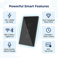 Interrupteur mural tactile intelligent WiFi Zigbee Tuya Smart Life 1 2 3 4 gangs, en verre trempé noir, norme américaine 118, sans neutre, compatible FCC Alexa