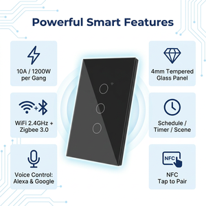 Interruptor de Pared Táctil Inteligente WiFi Zigbee Tuya Smart Life de 1, 2, 3 o 4 Botones, de Vidrio Templado Negro Estándar Estadounidense 118, Sin Neutro, Compatible con FCC y <span class=keywords><strong>Alexa</strong></span> - Product Image 4