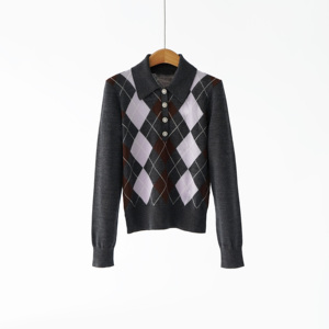 Suéter de Alta Calidad para Otoño e Invierno, Nuevo, Color <span class=keywords><strong>Gris</strong></span> Mixto, Diseño de Cuadros de Diamante, Cuello Polo - Product Image 3