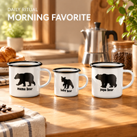 Ensemble de 3 tasses à café en émail Famille d'ours, assorties parent-enfant, en métal avec bord noir, pour cadeaux de famille de fêtes, vente en gros