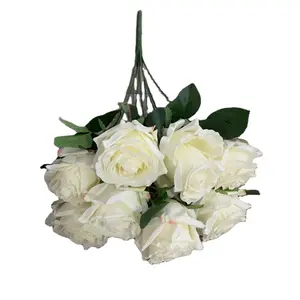 Hot sale artificial flowers bouquet 9 heads rose bouquet handmade silk white rose bunch for wedding decoration