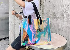 Fashion Iridescent <b>Rainbow</b> Handle Bags Capacity Promotional Custom Logo Size Holographic PVC Tote Bag - Product Image 3
