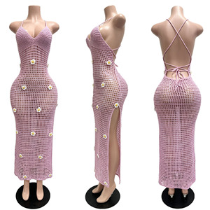 Robe longue d'été en crochet pour femme, avec appliques florales 3D, bretelles spaghetti, col en V, fente haute, paréo de plage - Product Image 3