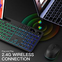 Clavier et souris sans fil 2,4 G silencieux, fin, pour jeux, avec rétroéclairage RVB, taille standard, combo, support pour tablette et téléphone, touches multimédias