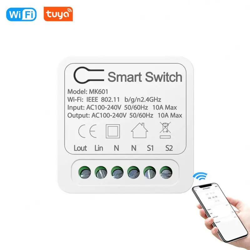 Miniinterruptor inteligente de 2 vías para el hogar, automatización compatible con 10A/16A, Tuya, Wifi