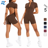 Combinaison de sport une pièce pour femme à manches courtes, dos nu, froncée, avec fermeture éclair sur le devant, pour le yoga, la course et le fitness