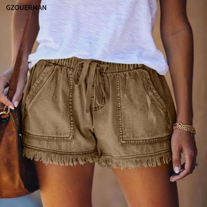 Pantalones Cortos <span class=keywords><strong>de</strong></span> Verano <span class=keywords><strong>2021</strong></span> para <span class=keywords><strong>Mujer</strong></span>, Cintura Elástica, Casuales, Ajustados, <span class=keywords><strong>de</strong></span> Color Sólido, con Bolsillos, Tipo Jeans, con Cordón - Product Image 3