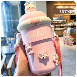 Wholesale <b>Cute</b> Straw Water Bottle Comes with 3D <b>Cute</b> <b>Bear</b> Stickers Straw Cup Large Capacity Cartoon Strap Water Cup - Product Image 5