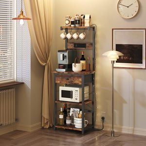 Étagère de cuisine multifonctionnelle avec support pour micro-ondes, station café, tiroir et multiprise intégrée - Product Image 2