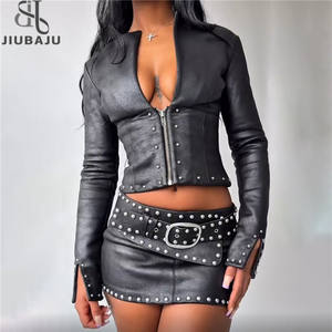 Autunno nuova moda cappotto Patchwork <span class=keywords><strong>in</strong></span> <span class=keywords><strong>pelle</strong></span> con perline da <span class=keywords><strong>donna</strong></span> con cerniera profonda con scollo a V a manica lunga <span class=keywords><strong>giacca</strong></span> Crop - Product Image 1