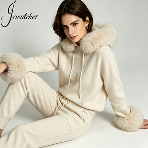 Jxwatcher Comodo <span class=keywords><strong>Set</strong></span> Invernale da Donna in Lana Lavorata a Maglia con Cappuccio e Colletto in Vera Pelliccia di Volpe, Pantaloni Lunghi, Personalizzabile in Due Pezzi - Product Image 1
