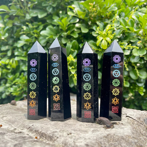 Venta al por Mayor de Torre de Obsidiana Negra Grabada con los Siete Chakras, Patrón de Luna y Estrella, Varita de Cristal Curativa, Obelisco de Energía para Meditación, Decoración - Product Image 1