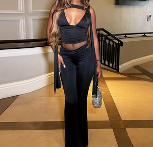 Viviblook Z316ST04 Ensemble décontracté pour femme, sexy, couleur unie, haut court sans manches, pantalon, ensemble deux pièces - Product Image 1