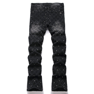Dropshipping Men's <b>Boot</b> Cut Denim Jeans Rhinestone Slim Flared Stretch Streetwear Trousers Blue Cotton - Product Image 6