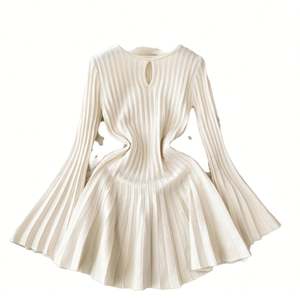 Vintage solide hiver dames robe tricotée évasée manches longues lâche droite plissée Empire taille froncé Empire écologique - Product Image 1