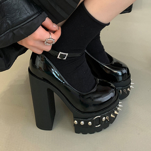 11cm High Platform Riveted Punk Large Patent Leather Women's Shoes Coarse <b>Round</b> <b>Toe</b> Size 43 Fashion <b>Heels</b> - Product Image 1