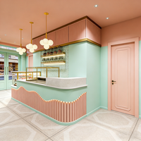 Airy Luxe Bakery & Coffee Market Stall Featuring Glass Display Case, Open Tiered Shelving, and Integrated Warm Lighting