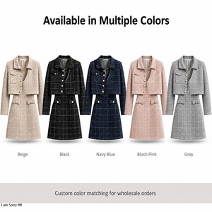 Elegante Completo <span class=keywords><strong>Tweed</strong></span> da Donna 2 Pezzi, <span class=keywords><strong>Giacca</strong></span> Corta con Colletto a Risvolto + Abito Senza Maniche con Bottoni di Perle per l'Ufficio Autunno-Inverno - Product Image 4